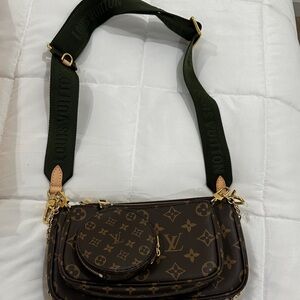 Louis Vuitton Brown Monogram Crossbody Bag with Green Strap